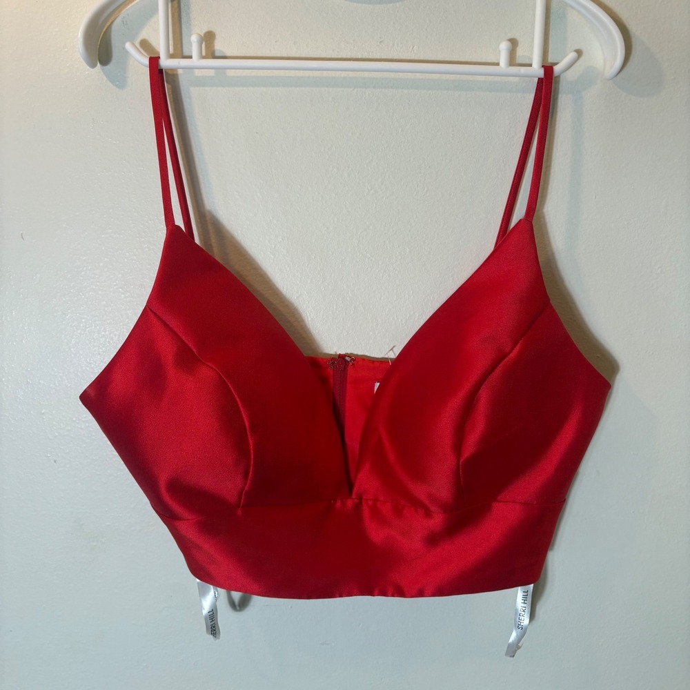 Sherri Hill Crop Top Women 8 Red Satin V-Neck Spaghetti Strap Zipper Back